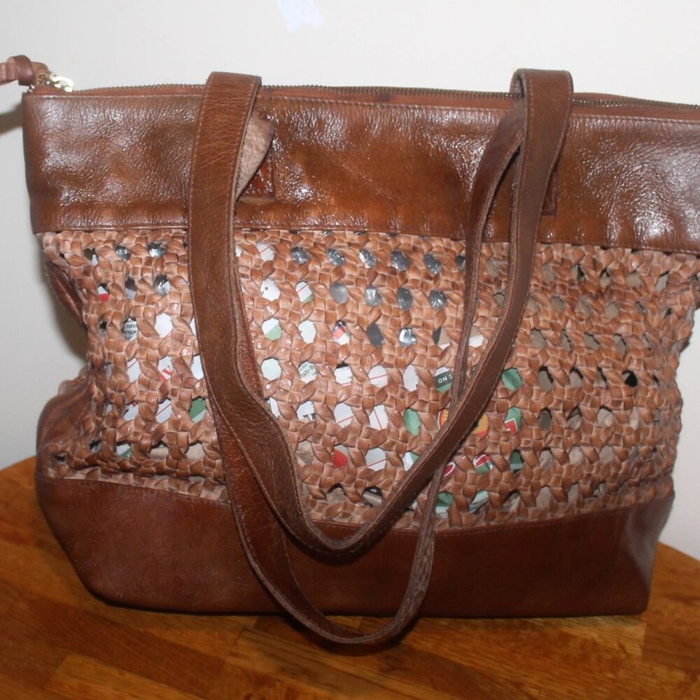 Woven Leather Tote Bag in Brown